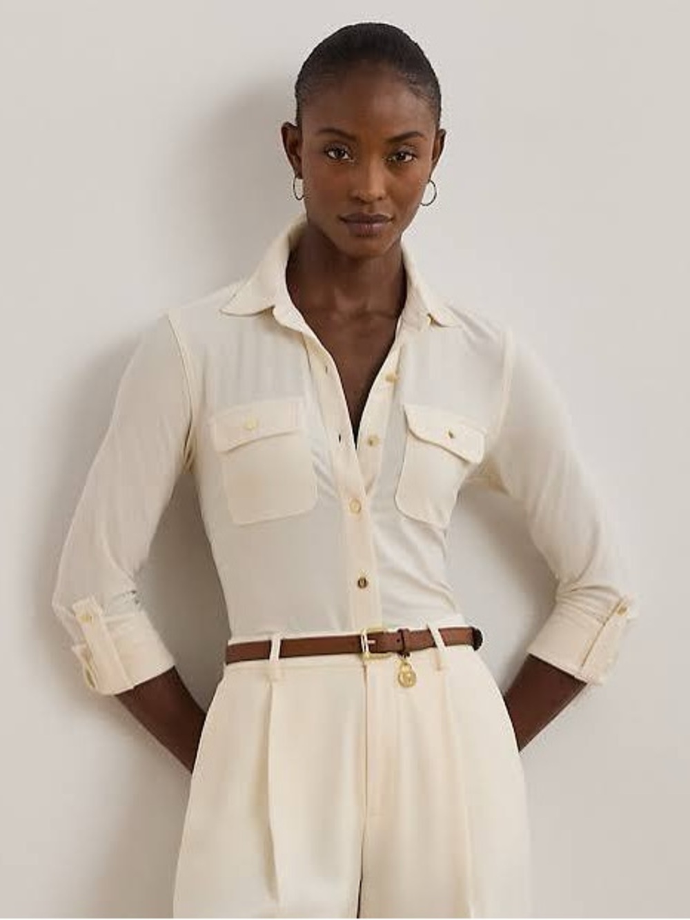 Lauren Ralph Lauren Roll Tab Sleeve Shirt Women's Size Large Mascarpone Cream
